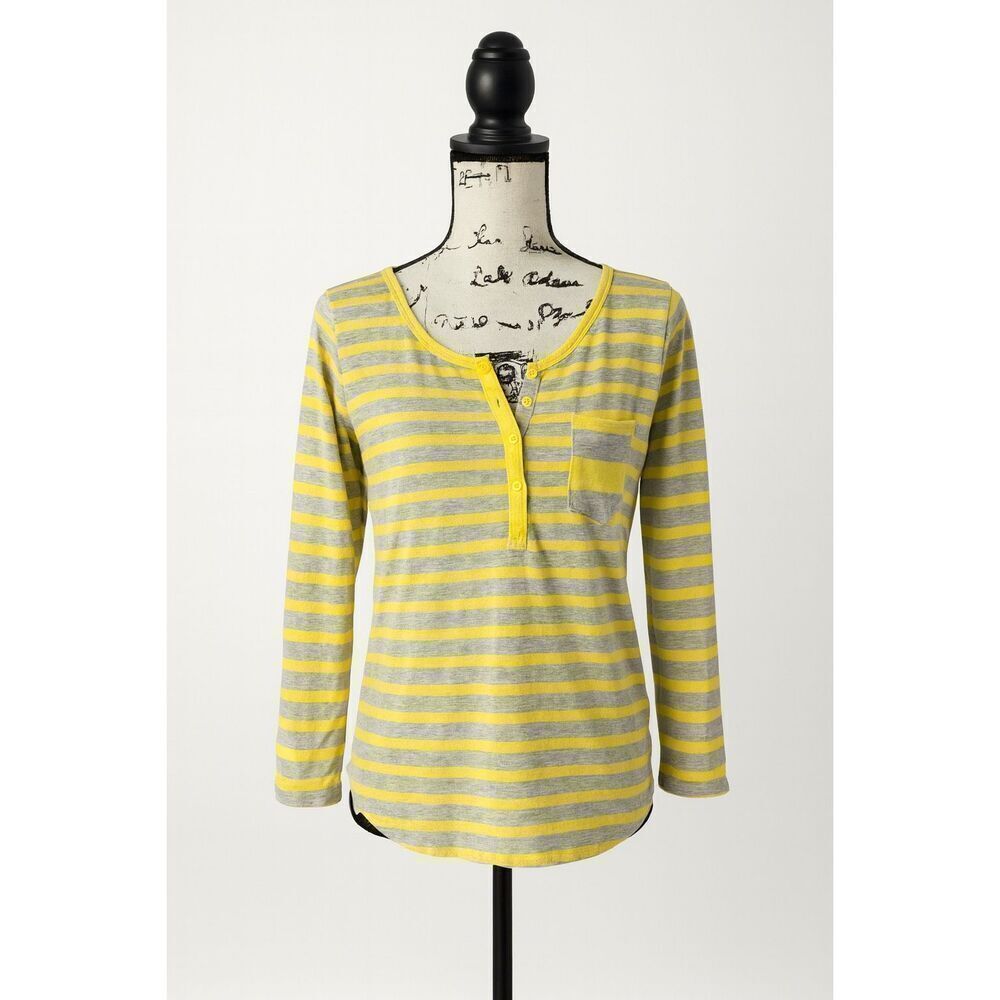 GAP Women’s Size S Yellow Gray Striped Henley Long Sleeve Top Pocket Modal Blend